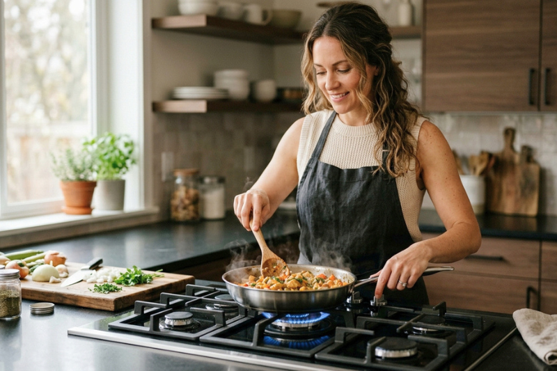 mulher utilizando cooktop mondial em cozinha moderna