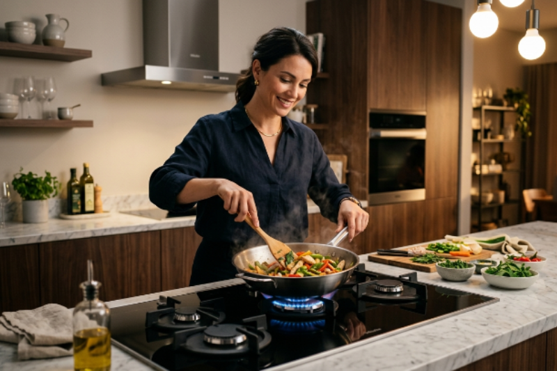 Alt: preparo de refeição com cooktop mondial em ambiente organizado