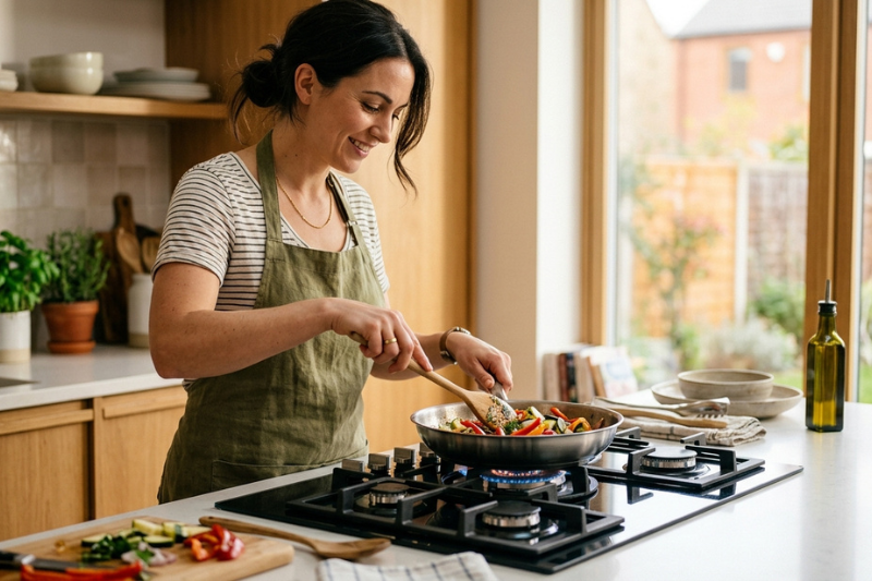 mulher cozinhando com cooktop mondial em cozinha planejada
