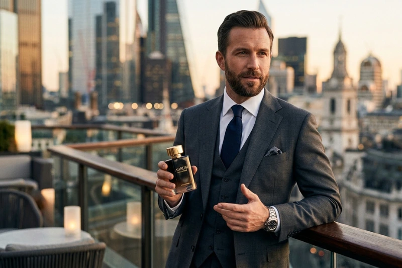 Homem sofisticado usando o perfume Creed Aventus em ambiente urbano