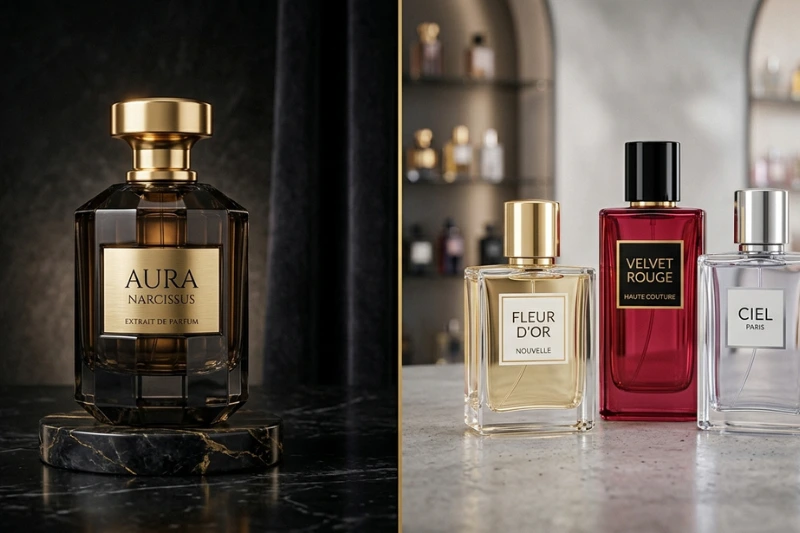 Coleção exclusiva de perfumes Creed com frascos elegantes em tons escuros