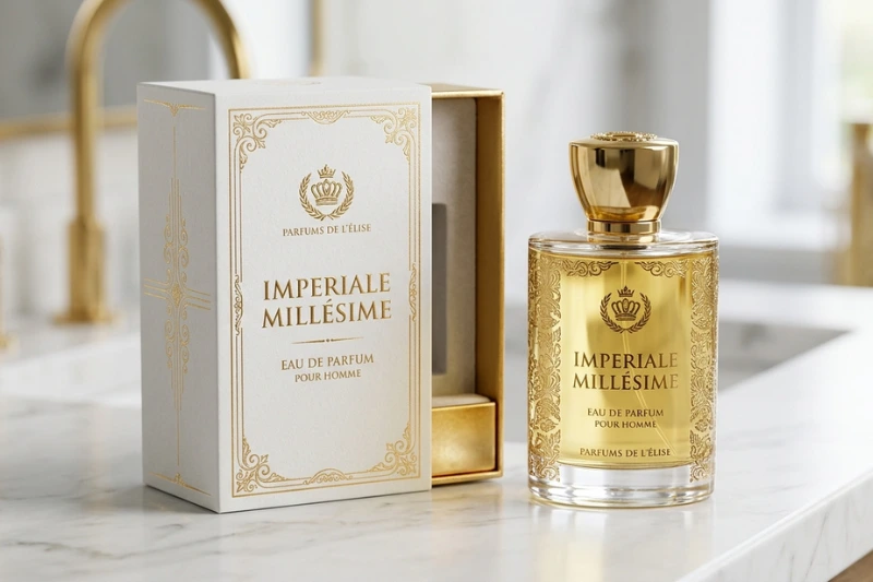 Frasco dourado do perfume Creed com embalagem luxuosa e refinada