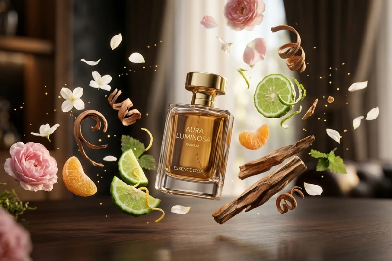 Perfume Creed rodeado de flores transmitindo elegância e sofisticação