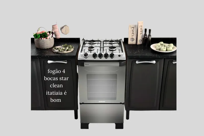 Fogão 4 Bocas Star Clean Itatiaia na cor branca, visão frontal mostrando queimadores e fornofogão 4 bocas star clean itatiaia é bom 