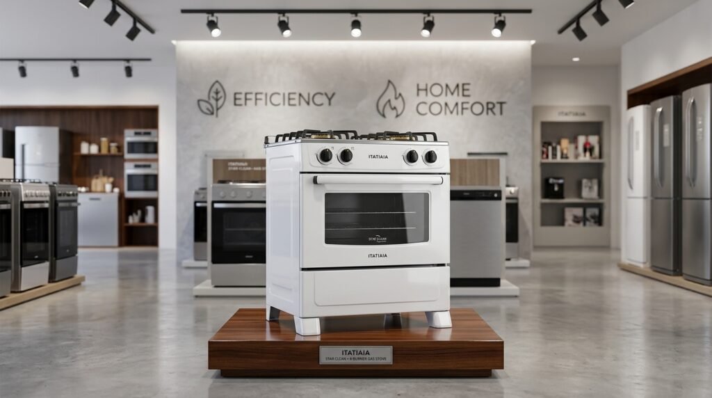 Vista frontal de um Fogão Star Clean Itatiaia de 4 bocas na cor branca, destacado em exposição sobre uma base de madeira em um showroom moderno.
