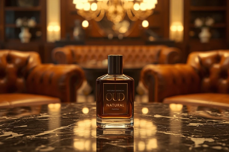 Frasco do perfume natura essencial oud deo parfum em destaque sobre uma mesa em ambiente sofisticado.