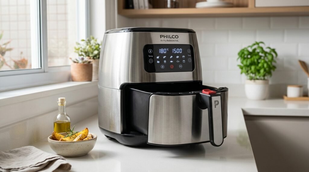 Fritadeira sem óleo Philco air fryer sobre bancada de cozinha moderna