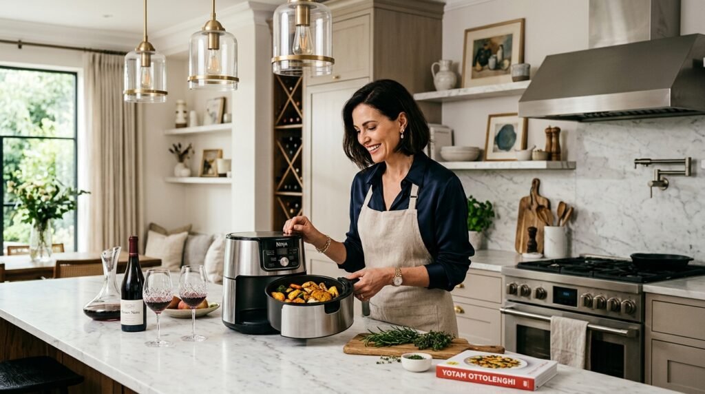 Mulher preparando refeição com fritadeira sem óleo Philco em cozinha aberta