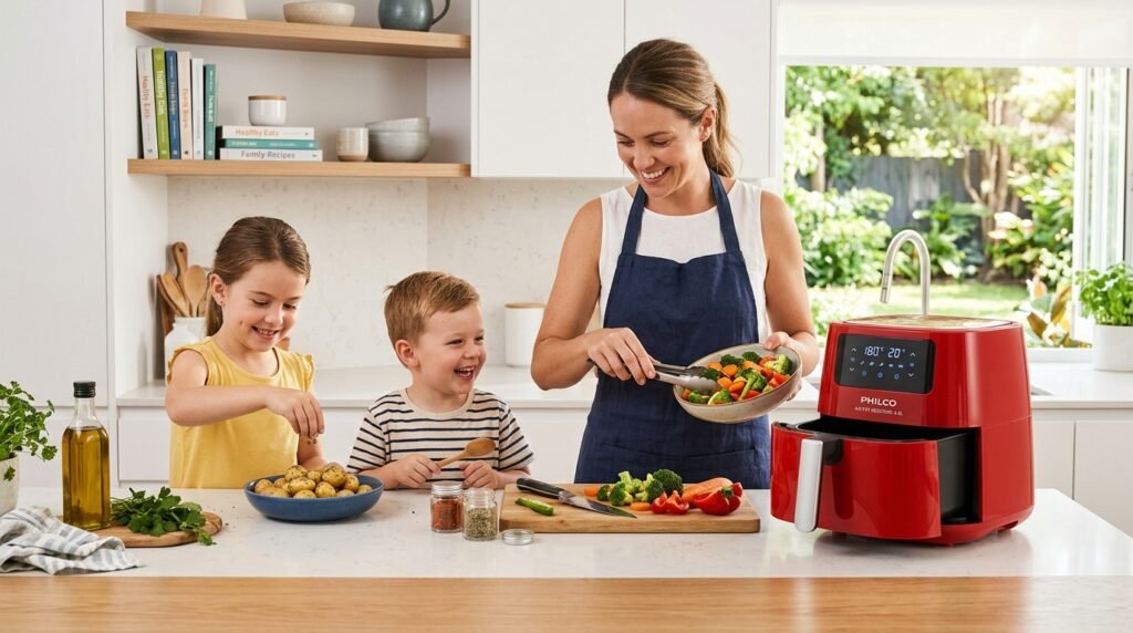 Mãe e filhos cozinhando com fritadeira sem óleo Philco em cozinha integrada