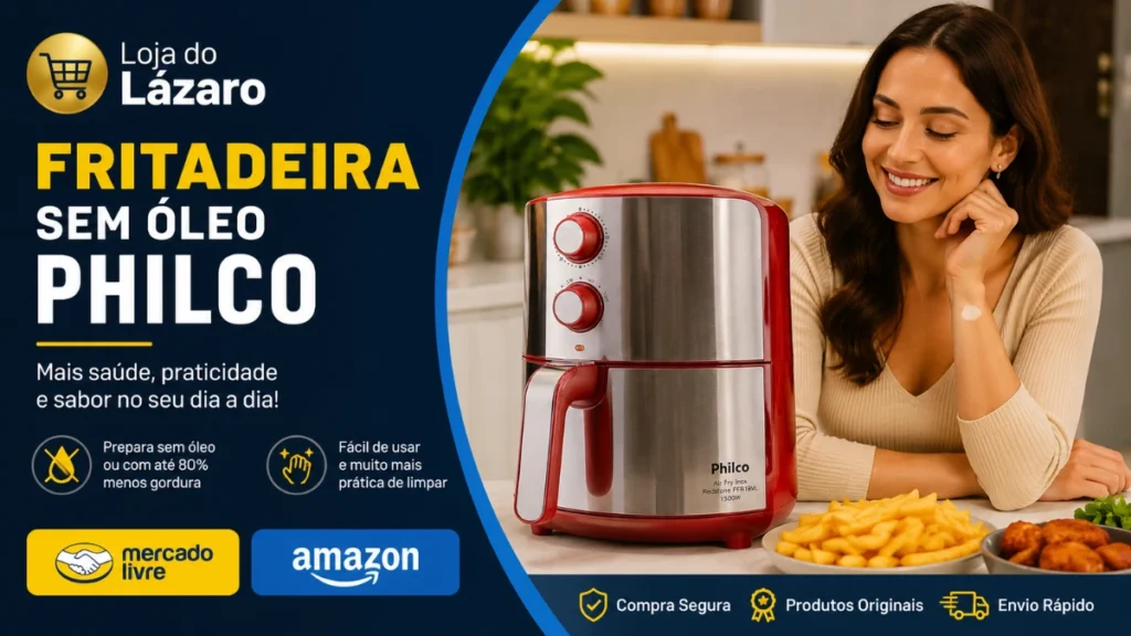 Fritadeira sem Óleo Philco em destaque com design moderno em inox e vermelho, ideal para preparar receitas saudáveis e práticas.