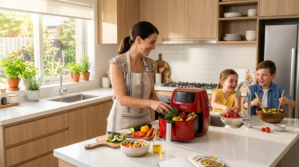 Mulher usando fritadeira sem óleo Philco em cozinha clara com família ao fundo
