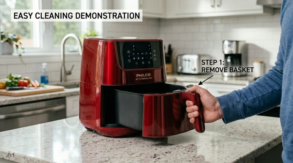 Fritadeira sem óleo Philco vermelha em cozinha com casal ao fundo