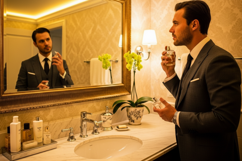  Homem elegante aplicando o Natura Homem Dom 100ml em frente ao espelho