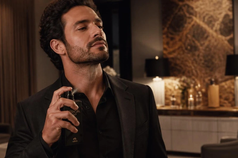 Homem aplicando o perfume natura essencial oud deo parfum em uma ocasião especial.