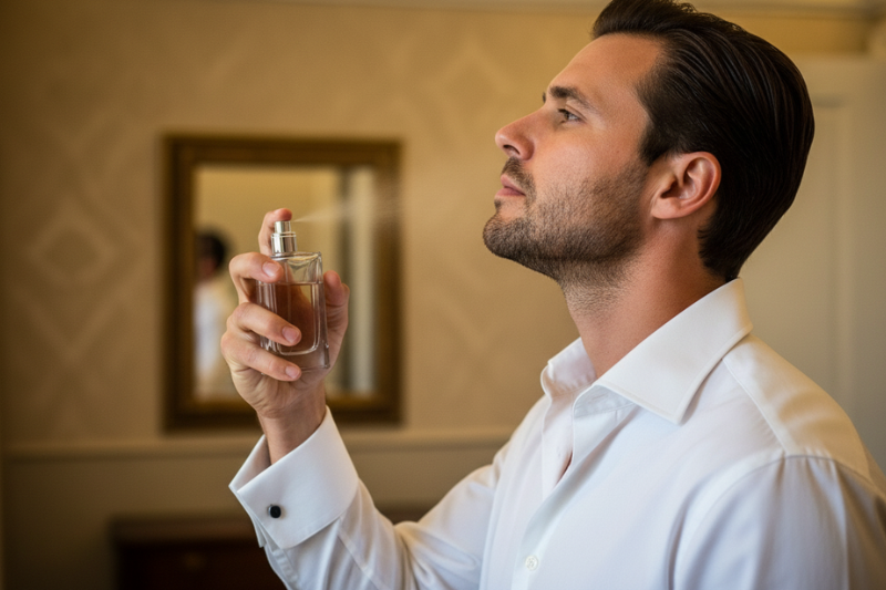  Homem de camisa branca borrifando o Natura Homem Dom 100ml no rosto