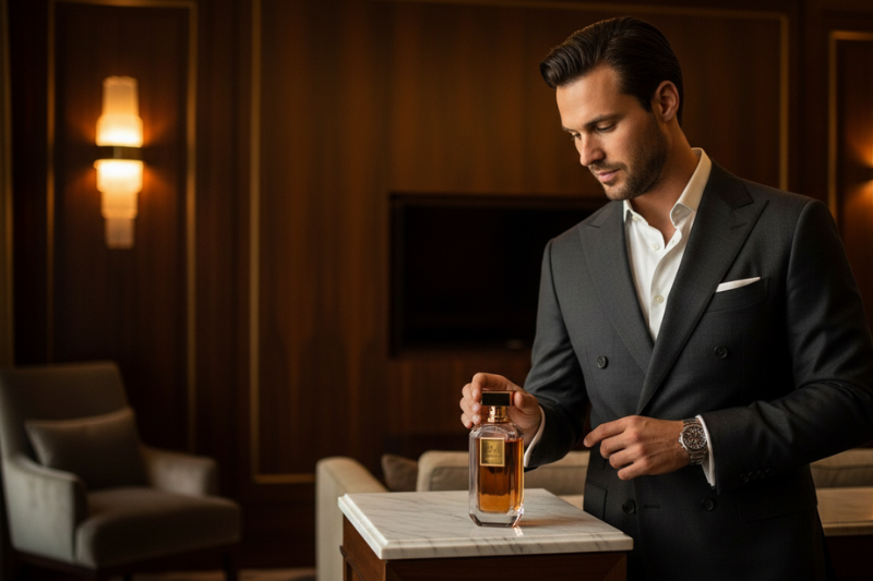  Homem elegante de terno aplicando o Natura Homem Dom 100ml em ambiente sofisticado