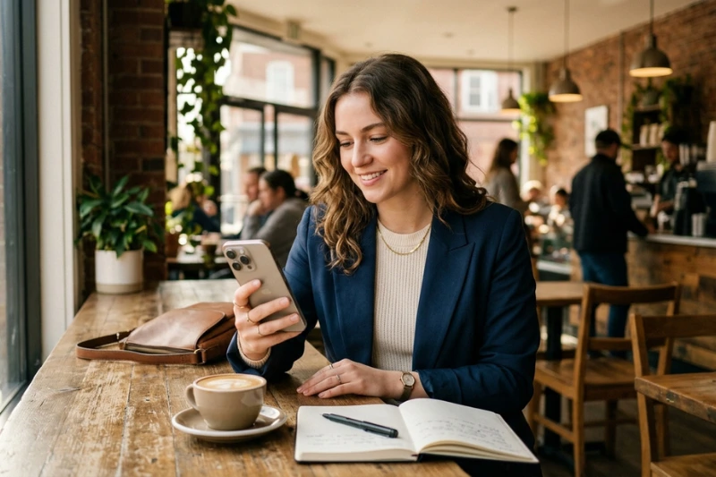 Mulher usando smartphone em ambiente de trabalho