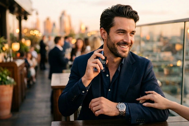 Homem sorridente e confiante aplicando o perfume Golden Lure no pescoço em um terraço urbano ao pôr do sol, enquanto uma mão feminina toca delicadamente o seu braço.