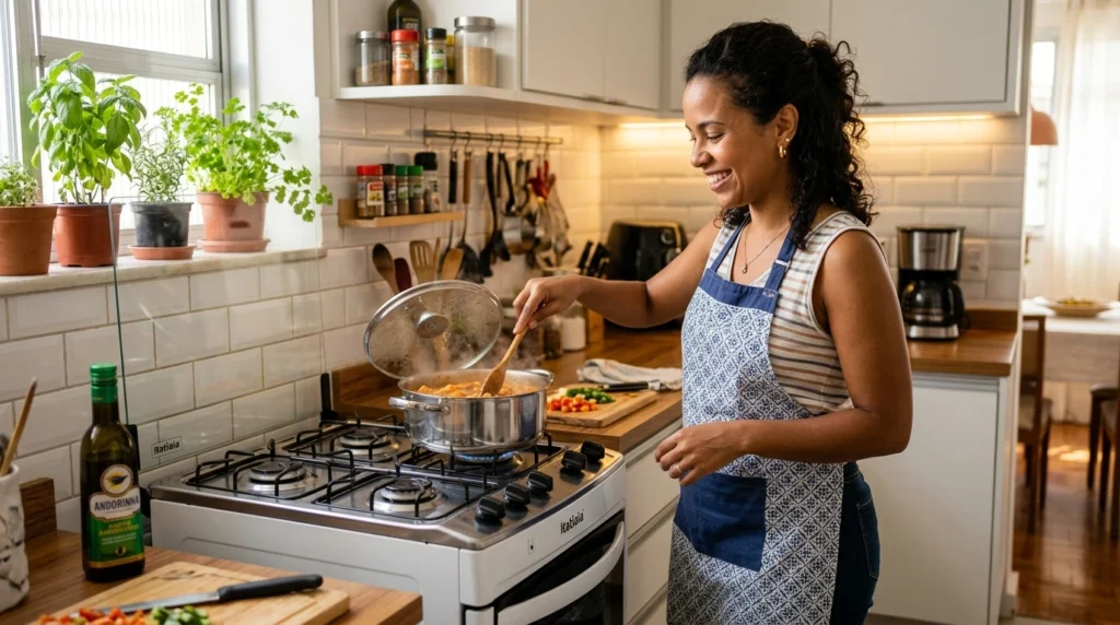 Mulher sorridente usando avental e cozinhando em uma panela sobre o Fogão Star Clean Itatiaia em uma cozinha clara e organizada.