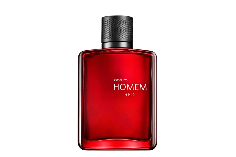  Frasco vermelho do perfume Natura Homem Red, destacando intensidade e elegância masculina, relacionado ao tema Natura Essencial Exclusivo Vale a Pena.