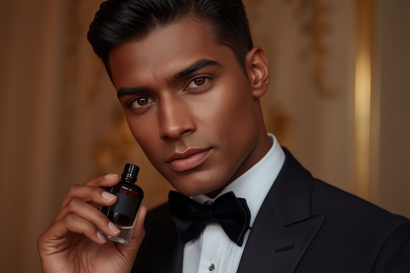 Homem elegante aplicando o perfume Paco Rabanne One Million antes de um evento noturno, representando o estilo sofisticado e sedutor da fragrância.
