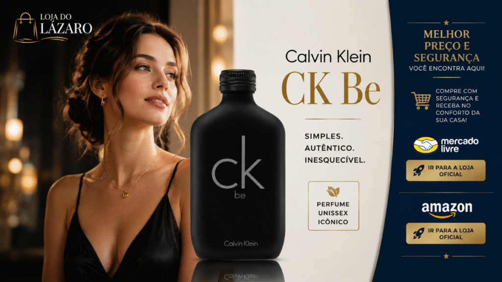 Perfume Calvin Klein CK Be original importado com design elegante em destaque ao lado de uma modelo feminina, disponível na Loja do Lázaro com ofertas da Amazon e Mercado Livre.
