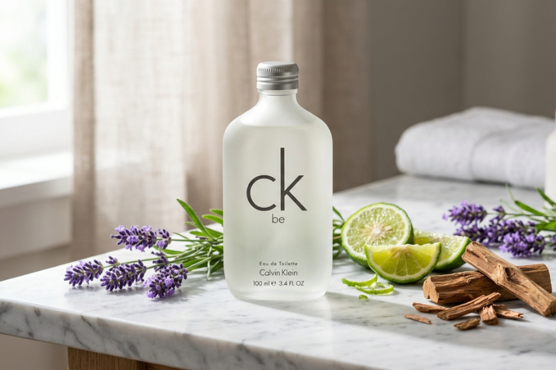 Frasco do Perfume Calvin Klein CK Be com ingredientes naturais como lavanda e bergamota — notas olfativas que definem sua essência