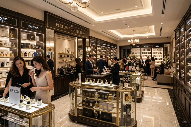 Amplo interior de uma perfumaria de luxo com prateleiras de madeira escura e vitrines de vidro bem iluminadas. Várias pessoas, incluindo dois funcionários atendendo uma cliente, circulam pelo ambiente sofisticado, onde perfumes de renome mundial, como o Club de Nuit Intense Man, estão expostos.