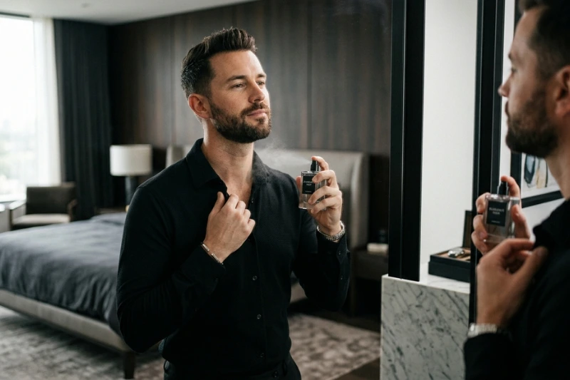 Homem elegante de camisa preta sorrindo em frente ao espelho enquanto aplica o perfume Club de Nuit Intense Man no pescoço, dentro de um quarto moderno e sofisticado.