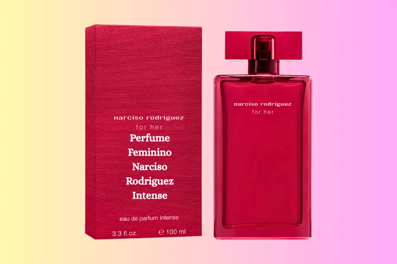 Frasco do Perfume Feminino Narciso Rodriguez Intense Edp 100ml, com design elegante em vermelho e branco, ideal para mulheres que buscam uma fragrância marcante e duradoura.Perfume Feminino Narciso Rodriguez Intense