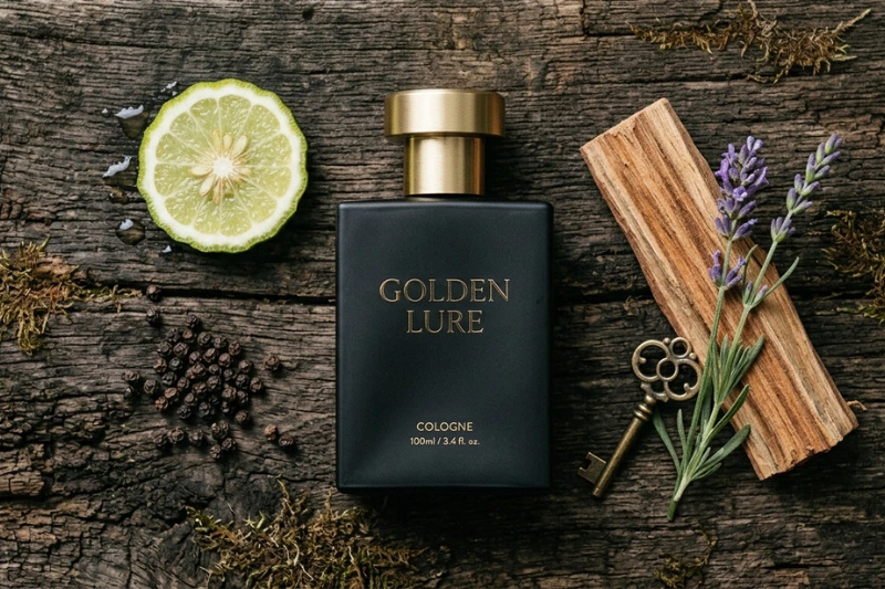 Vista superior do perfume Golden Lure retangular e fosco sobre uma superfície rústica de madeira, acompanhado por uma fatia de bergamota, pimenta preta, um pedaço de madeira e um ramo de lavanda.