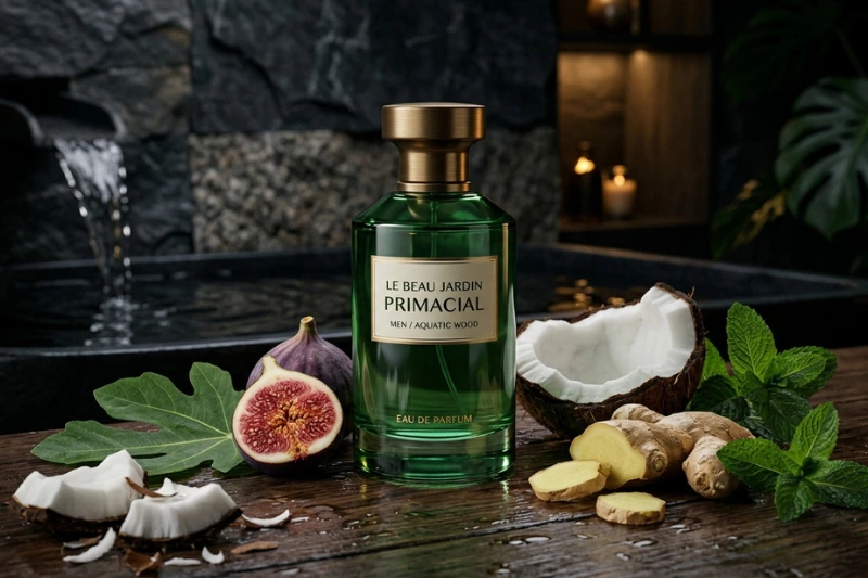 Frasco do Perfume Masculino Le Beau Jardin Primacial com notas amadeiradas e aquáticas em ambiente sofisticado