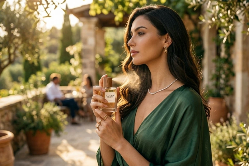 Mulher elegante aplicando perfume Natura Essencial Oud Deo Parfum no pescoço