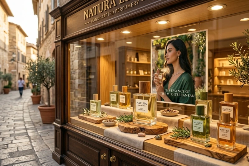 Loja de luxo exibindo o perfume Natura Essencial Oud Deo Parfum
em vitrine sofisticada
