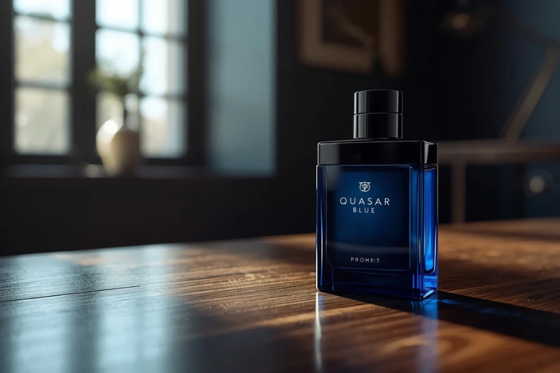Frasco do perfume Quasar Blue sobre uma mesa de madeira, destacando o design moderno e o frescor da fragrância — Quasar Blue vale a pena.