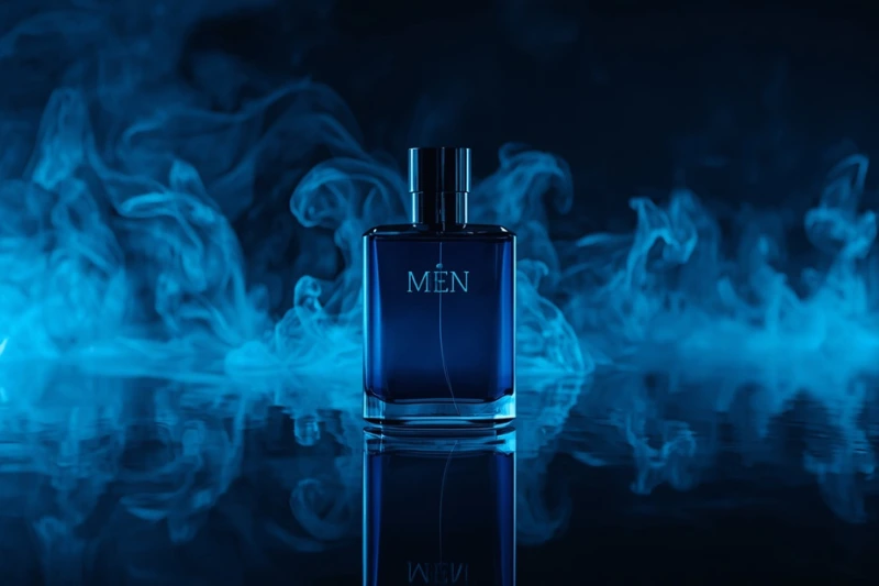 Frasco do perfume Quasar Blue cercado por fumaça azul, simbolizando sua fixação e durabilidade — Quasar Blue vale a pena.