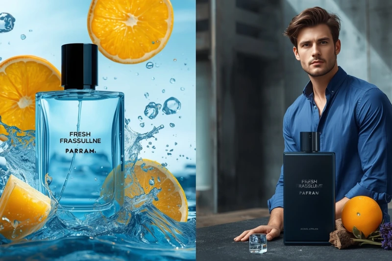 Frasco do perfume Quasar Blue cercado por laranjas e água, representando o frescor cítrico e a elegância masculina — Quasar Blue vale a pena.