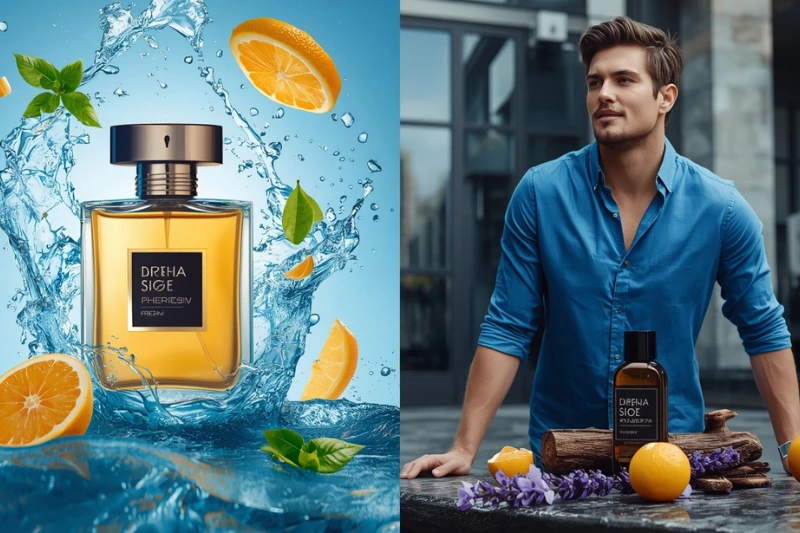 Frasco do perfume Quasar Blue com fundo aquático e frutas cítricas, ao lado de homem elegante, representando frescor e sofisticação — Quasar Blue vale a pena.
