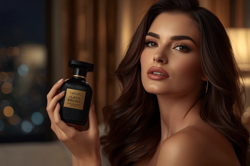 Mulher sofisticada exibindo Tom Ford Black Orchid, fragrância de luxo com notas orientais e fixação prolongada