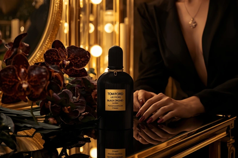Cena sofisticada e misteriosa evocando o Tom Ford Black Orchid, fragrância de luxo com notas de patchouli, âmbar e orquídea negra
