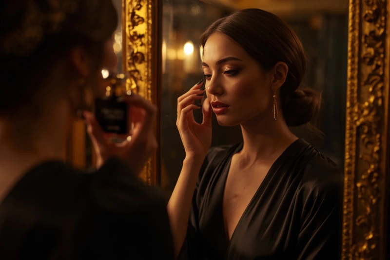 Mulher elegante borrifando Tom Ford Black Orchid, perfume unissex de luxo com notas exóticas e fixação de até 12 horas