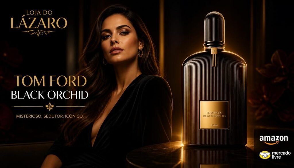 Tom Ford Black Orchid perfume feminino em destaque ao lado de mulher elegante