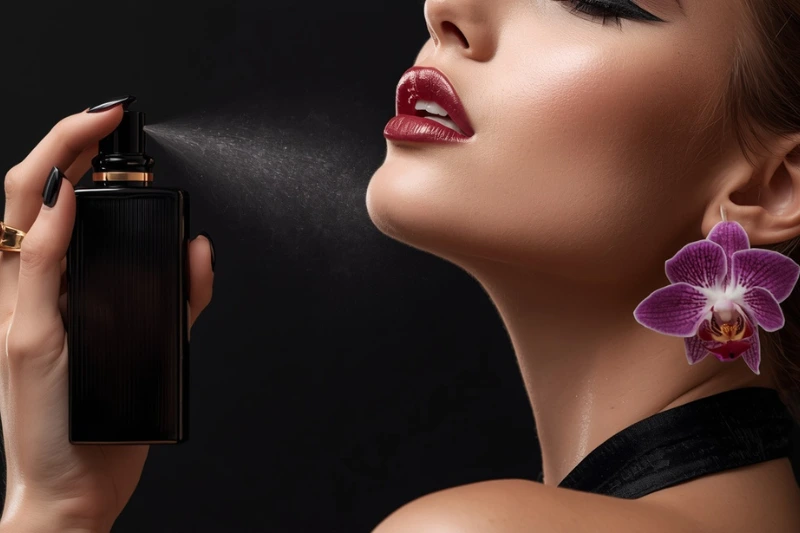 Mulher elegante aplicando Tom Ford Black Orchid, o perfume unissex de luxo com aroma intenso e sofisticado