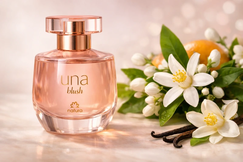 Perfume Una Blush ao lado de flores brancas e folhas verdes, representando delicadeza e frescor — Una Infinito Natura vale a pena.
