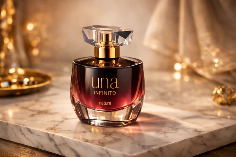 Frasco do perfume Una Infinito Natura sobre superfície de mármore com luz dourada, transmitindo luxo e sofisticação — Una Infinito Natura vale a pena.