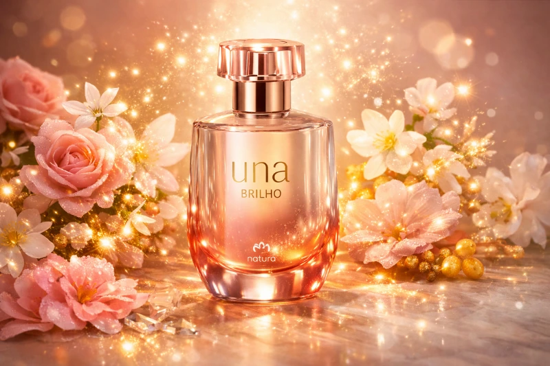 Perfume Una Brilho cercado por flores rosadas e luz dourada, transmitindo elegância e sofisticação — Una Infinito Natura vale a pena.