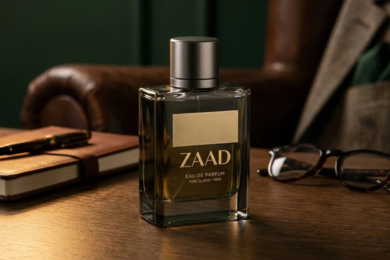Frasco do perfume Zaad Intense vale a pena sobre superfície amadeirada