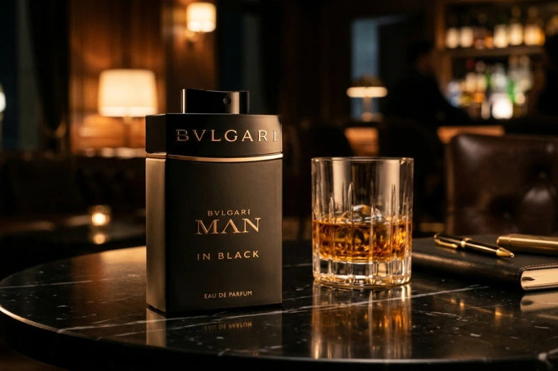 Bvlgari Man In Black perfume masculino sofisticado em ambiente luxuoso com iluminação elegante