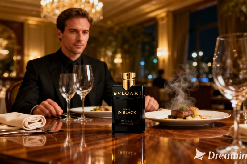 Homem sentado em restaurante sofisticado com o perfume Bvlgari Man In Black sobre a mesa, representando elegância e estilo masculino.