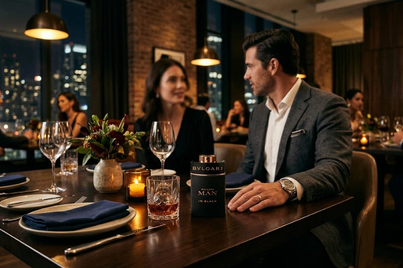 Texto Alt: “Casal elegante em restaurante à noite, representando o estilo sofisticado do perfume Bvlgari Man In Black.